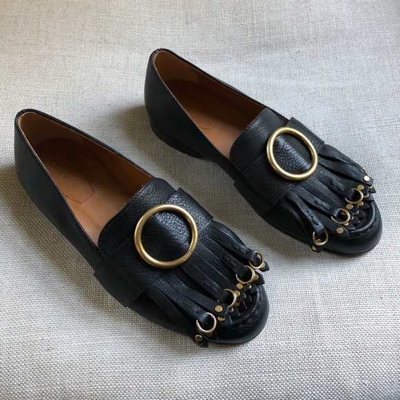 Chloe Loafers Black Fringe Kiltie Studs Flats Olly - Picture 4 of 8